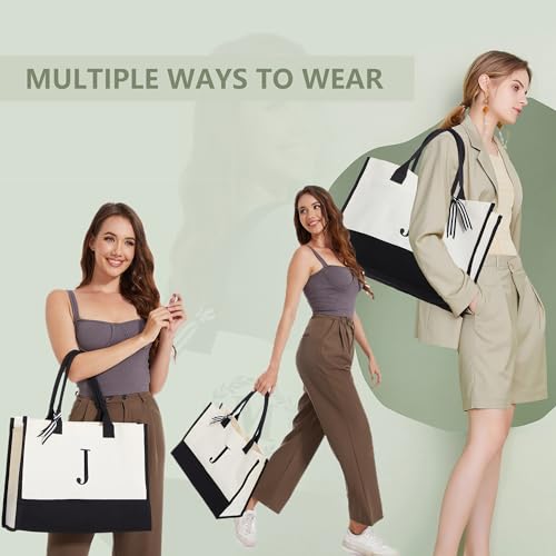 BeeGreen Embroidery Monogram Initial Tote Bag for Women Teacher Mom Friend Personalized Gift for Birthday Beach Work Wedding - color: Natural & Black, style: C