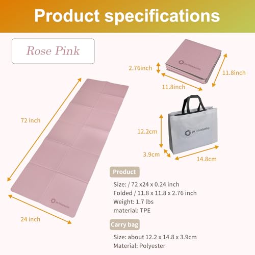 Primasole TPE Folding yoga mat Travel Double side Non-Slip Lightweight Pilates & Floor Workouts6mm thick Pink Color PSS22NH014A
