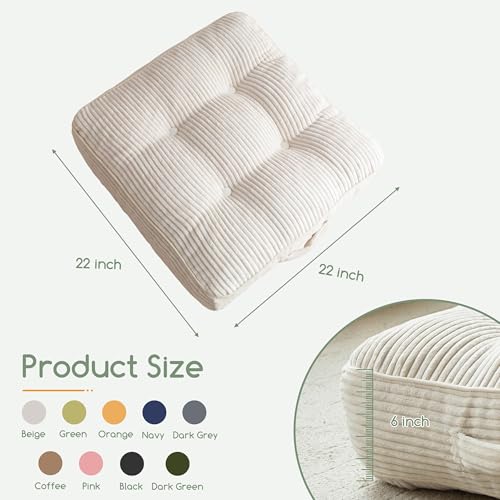 HIGOGOGO 6" Extra Thick Floor Pillow Cushion for Adults, Meditation Cushion Pillow, Large Square Floor Sitting, Tufted Corduroy Cover, for Tatami Living Room or Yoga, 22x22 Inch, 2Pack, Beige - color: Square Beige, size: 6" Thick(Pack of 2)