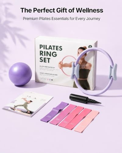 PAETA Pilates Ring Set – 14” Magic Circle (38 lbs Resistance), 9.8” Pilates Ball, 5 Resistance Bands, and Exercise Guide Included for Home Workouts - color: purple