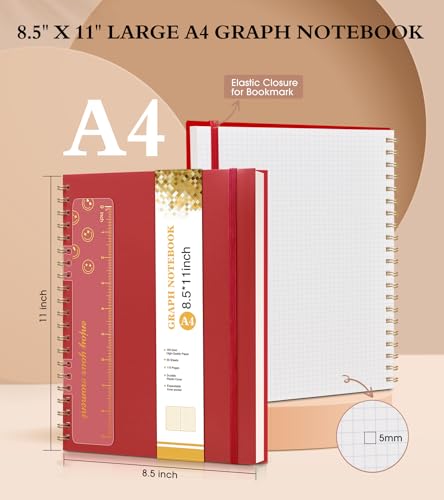 Graph Paper Notebook, Spiral Notebook Journal 8.5” x 11”, A4 Large Grid Notebooks for Women Men, 100 GSM Graph Paper, Plastic Hardcover Spiral Graphing Journals for Work School Engineerin, Red - color: Red, size: Graph