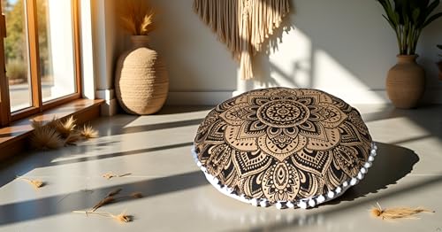 CRAFT KALA 32" in Round Mandala Floor Pillow Cushion Cover Seating Throw Cover Hippie Decorative Bohemian Ottoman Poufs Pillow Cover Cases Boho Cotton Living Yoga Home Décor Room (Black Gold Flower) - color: Black Gold Flower