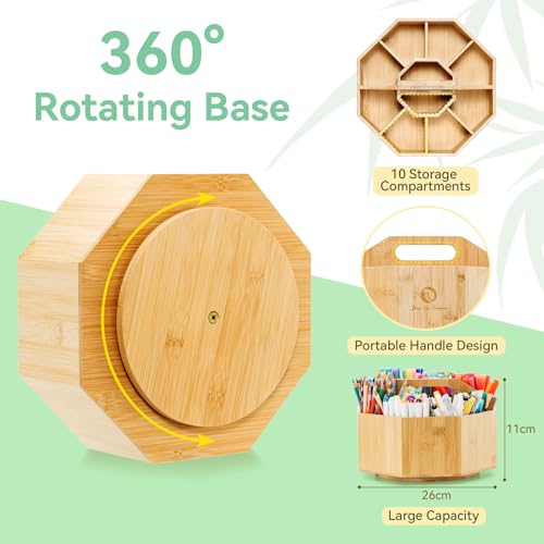Ohuhu 360° Rotating Marker Organizer Holds 162 Honolulu & B Oahu Markers | 360-Degree Rotating Bamboo Desktop Storage Markers Pens Pencil Holder with 10 Compartments for Home Classroom Office Decor
