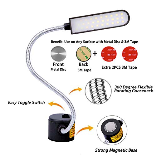 Sewing Machine Light LED Lighting (30LEDs) 6 Watt for Workbench Lathe Drill Press Daylight White Flexible Gooseneck Arm Work Lamp with Magnetic Mounting Base Black