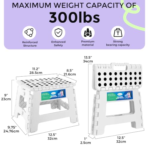 Dyforce Kids Step Stool 9 Inch, 300lbs Folding Step Stool for Toddler | Step stool White,Anti-slip Heavy Duty with Handle, Lightweight Foldable Foot Stool for Bathroom Kitchen Bedroom Outdoor - color: White, size: 9inch