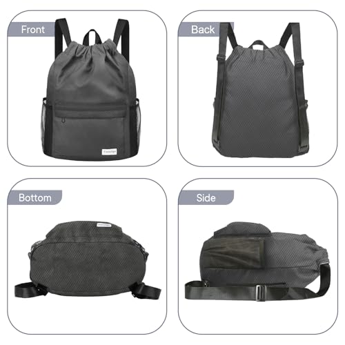 Waterproof Drawstring Backpack Sports Gym Sackpack with Mesh Pockets Water-Resistant String Cinch Beach Bag for Men Women - color: Solid - Gray