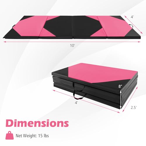 Giantex 4'x10'x 2" Gymnastics Mat, 4-Panel Folding Aerobics Exercise Mat w/Hook & Loop Fastener, Carrying Handle, Portable Tumbling Mat for Stretching Yoga Cheerleading Martial Arts - color: Rose/Black