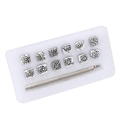 Leather Stamp Tool, 12Pcs Leather Stamping Punch Stamper DIY Leather Craft Making Tools Flower Design Embossing Pattern with Stamping Handle for Leathercrafting