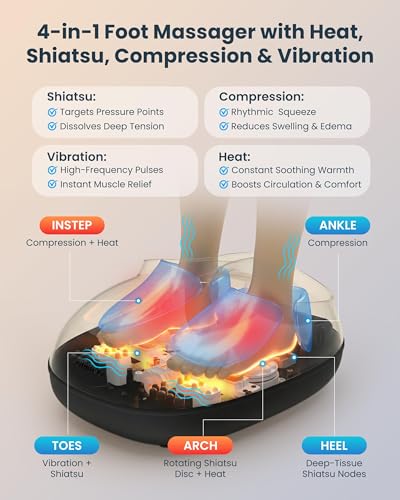 COMFIER 4-in-1 FSA Eligible HSA Shiatsu Foot Massager with Heat, Compression & Vibration, Smoth Warmth for 3 Levels, Toe Touch Control, Large Size Fits Up to 14, Gifts for Mom Dad, Home Office - color: Lightly-black