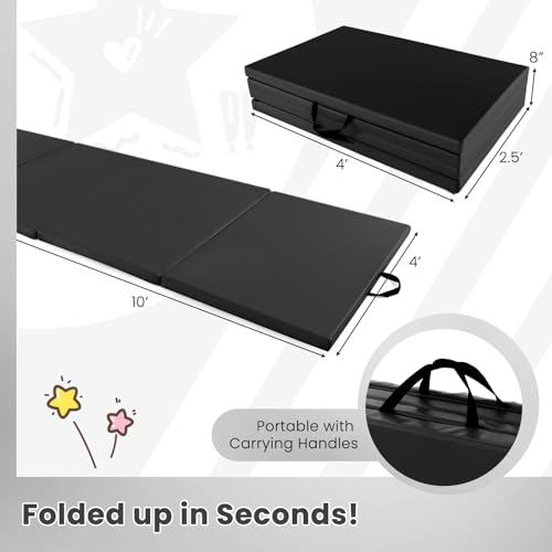 Giantex 4'x10'x 2" Gymnastics Mat, 4-Panel Folding Aerobics Exercise Mat w/Hook & Loop Fastener, Carrying Handle, Portable Tumbling Mat for Stretching Yoga Cheerleading Martial Arts - color: Black