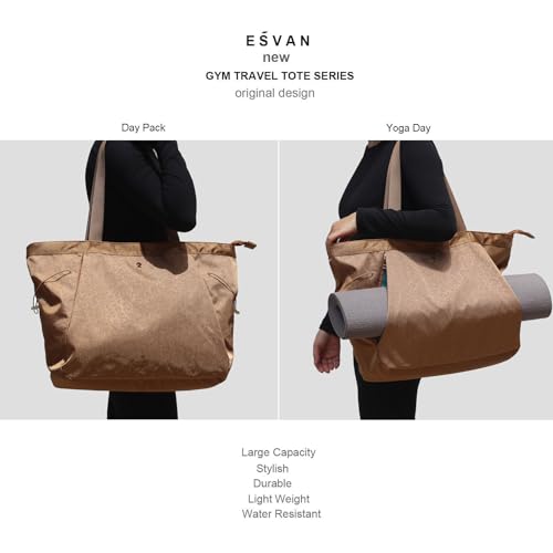 ESVAN Yoga Tote Bag for Women Shoulder Bags Drawstring for Office Workout Travel Carryall Pilates Gym and Beach - color: Nylon Golden