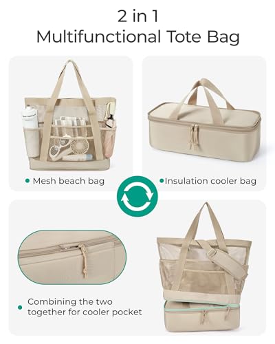 BAGSMART Beach Bag for Women, Mesh Tote Bags with Zipper, Sandproof Vacation Essentials with Cooler for Swim Cruise Pool - color: Purple