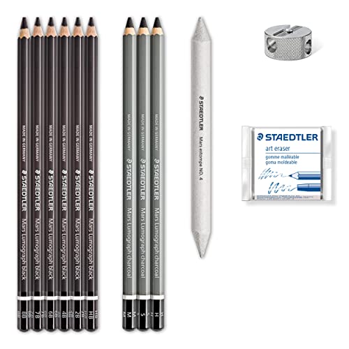 Staedtler Mars Lumograph Art Set | Drawing Kit with Charcoal and Graphite Drawing Pencils, Blending Stump, Kneadable Eraser and Dual Hole Sharpener 61 100C - style: Charcoal Set