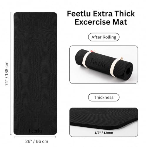 Extra Thick 12mm Exercise Mat – 74"L x 26"W Inch, Non-Slip, Joint-Friendly & Cushioned Fitness Mat for Yoga, Pilates & Floor Workouts – Durable, Supportive & Includes Feetlu Classic Strap - color: Black