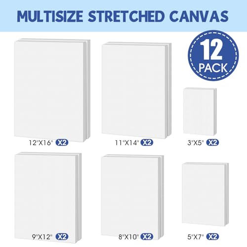 FUMILE Stretched Canvas for Painting, Blank Canvases for Painting Multi 12 Pack 3x5, 5x7, 8x10, 9x12, 11x14, 12x16 (2 of Each), Primed Acid Free Painting Canvas for Beginners & Artists. - size: 3x5, 5x7, 8x10, 9x12, 11x14, 12x16 in