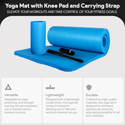 BalanceFrom 71x24 Inches Yoga Mat with Knee Pad and Optional Blocks – Extra 1-Inch Thick Non-Slip Foam with Anti-Tear Surface and Carrying Strap for Home, Studio, or Gym Workouts - color: Blue, style: Mat & Knee Pad