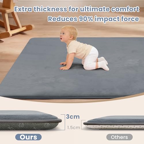 ACOMOPACK 1.3" Thick Baby Play Mat for Floor 59x71-Large Water-Repellent&Non-Slip Memory Foam Mat for Kids,Toddlers,Soft Velvet Nursery Rug for Tummy Time&Crawling,Yoga,Tatami Style(Grey) - color: Grey, size: 59"×71"