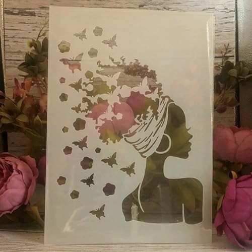 TIAMECH A4 Reusable Butterflies Hairstyle Girl Stencil for Painting | Fashion Earring Lady Layering Template, DIY Wall Art, Wood Furniture, Scrapbook & Crafts (8.3x11.7inch) - style: Butterflies Hairstyle Girl