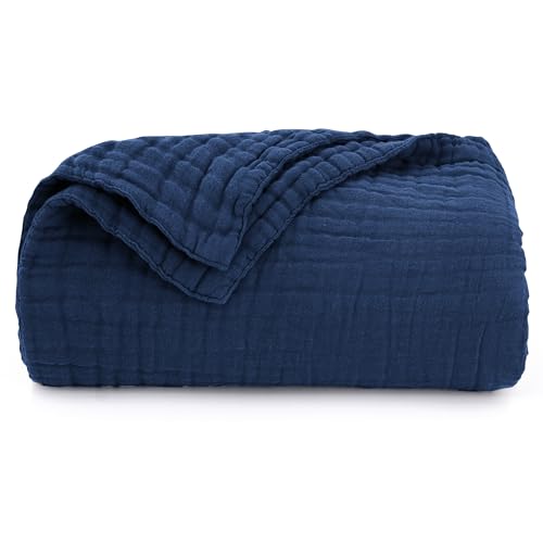 Love's cabin 100% Cotton Muslin Blanket, 6 Layer Lightweight Breathable Gauze Queen Size Blanket 90 x 90 Inches, Soft All Season Blanket for Bed, Dark Blue - color: Dark Blue, size: Queen(90"x90")