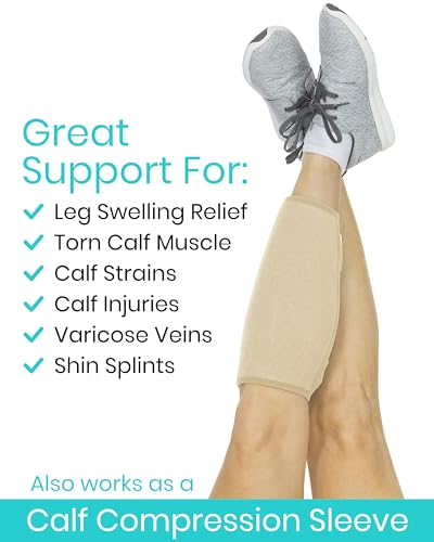 Vive Calf Brace - Adjustable Shin Splint Support - Lower Leg Compression Wrap Increases Circulation, Reduces Muscle Swelling - Calf Sleeve for Men and Women - Pain Relief (Beige) | Wrap Increases Circulation, Reduces Muscle Swelling - Calf Sleeve for Men