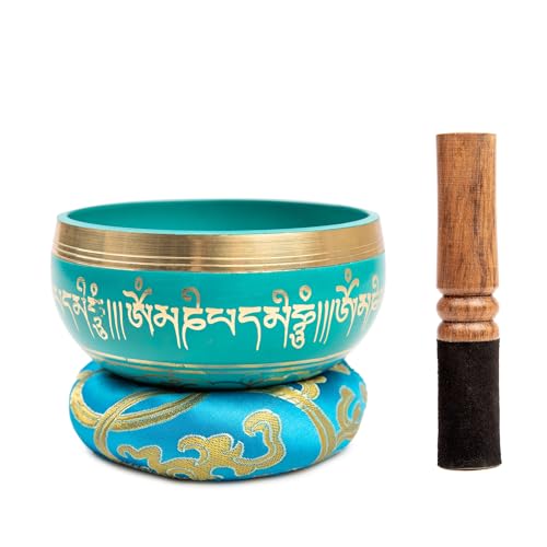 Tibetan Singing Bowl Set - 4" Easy To Play Authentic Handmade For Meditation Sound 7 Chakra Healing By HIMALAYAN BAZAAR (Turquoise Blue, 4") - color: Turquoise