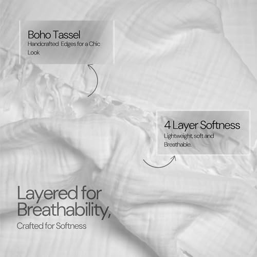 Salt Earth 100% Cotton Gauze 50"X60" Throw Tassel 4 Layered Blanket- White | Premium Muslin Blanket for Couch,Bed,Living,Summer Lightweight, All Seasons Blankets & Throws, Boho,Travel & Skin Friendly - color: White, size: 50"X60" Throw
