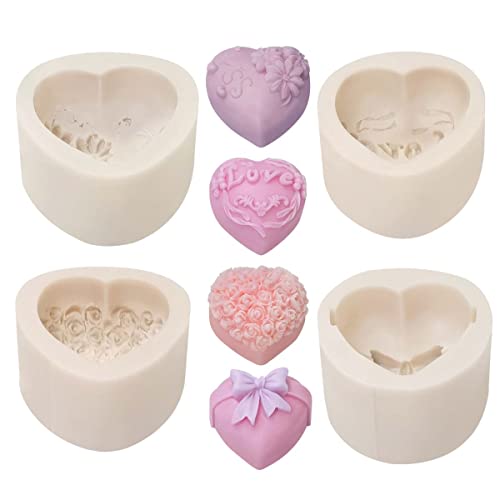 4 Pack Heart Resin Rose Flower Silicone Mold for Candle, Cake, Soap, Candy - Round Shape - color: xq-heart-4-pack