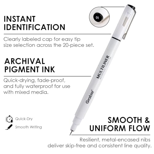Grabie Micro Fineliner Pens, 6 Black Waterproof Drawing Pens | Waterproof Pigment Ink, 6 Assorted Tip Sizes, Precision Fine Lines, Metal-Clad Nibs, Smooth Ink Flow, Smudge Resistant - color: 6-Black