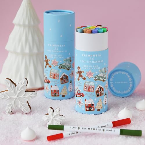 Primrosia 24 Dual Tip Marker Pens – Christmas Sugar Cookie Limited Edition Gift Pack. Pastel & Holiday Colours for Coloring, Journaling, Card Making, Tags & Creative Projects. Brush & Fine Tips - color: Christmas Cookies