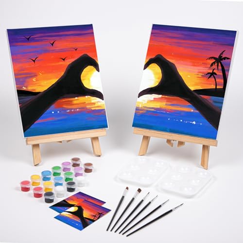 VOCHIC Sip and Paint Kit,Pre Drawn Canvas Couples Paint Party Kit Painting Art Set for Adults Date Night Sunset Heart 2 Pack (8 x 10 Inches) - size: 8x10, style: Sunset Heart