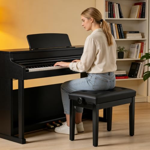 Adjustable Height Piano Bench, Wooden Piano Stool with Waterproof Padded Cushion, Bench Seat for Vanity, Bedroom, Living Room, Black - color: Single-black