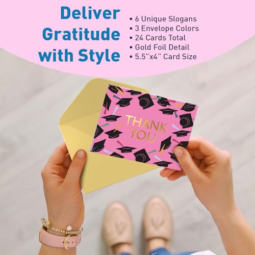 S&O Set of 24 Fun Graduation Thank You Cards with Envelopes - Teacher Greetings for High School & College Graduate - Cute Appreciation Notes for Happy Convocation - College Decor Note - color: Graduation Gratitude