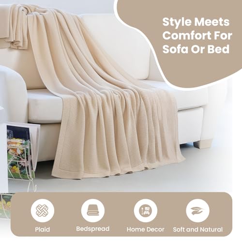 Dalisa 100% Organic Turkish Cotton Throw Blanket 50x60 Inches Earth Ivory– GOTS Certified, Cozy, with Recycled Gift Box – Perfect for Couch, Bed, and Home Decor – Boho Vintage Knit Alina - color: Earth Ivory, size: 50x60