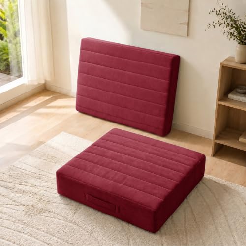 JKMAX 2 Pcs High Density Foam Floor Pillow - Upgraded Large Pillows Seating for Adults - Outdoor Floor Cushion with Soft Tufted Cover - Yoga Pillows for Sitting On Floor - 22 Inch Burgundy - color: Burgundy, size: 2 Counts