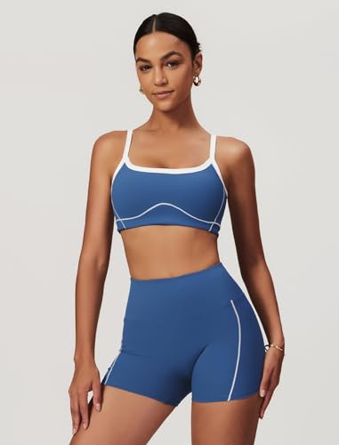 QBGJTD Two Piece Women Workout Sets Color Block Sports Bra and Scrunch Butt Lifting Shorts Gym Yoga Outfits - color: Blue, size: Large