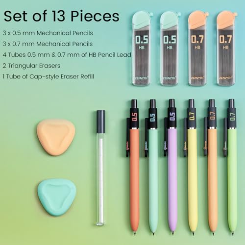 Solati Pastel Mechanical Pencil Set, 6 Pack with Case, 0.5mm & 0.7mm | Soft Grip, HB Lead Refills and Erasers Included, For Writing, Drawing, Sketching, Cute School Supplies