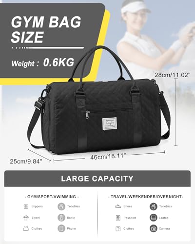 Gym Duffle Bag for Women with Shoe Compartment Waterproof Travel Tote Bags Personal Item Carry On Weekender Overnight Bags with Toiletry Bag Swimming Yoga Bags Hospital Holdalls Black - color: C7-Grid-Back