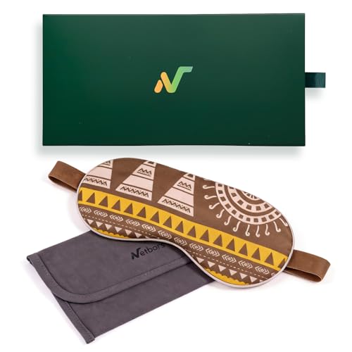 100% Mulberry Silk Sleep Mask with Eye Steam Pocket and Velvet Elastic Band, Luxury 22mm Silk Eye Mask for Nap Sleeping Relaxation and Travel, Gift Package, African Totem - color: Brown