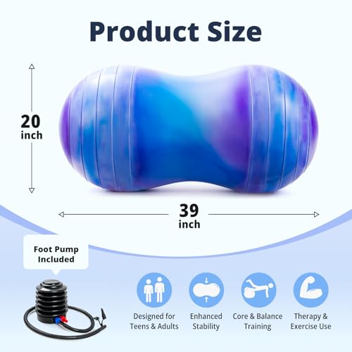 18''/20'' Peanut Ball for Kids & Adults, Anti-Burst Exercise Ball | Peanut Shaped Ball for Autism Sensory Training, Pregnancy & Physical Therapy, Yoga Balance Ball Chair for Fitness - color: Blue-purple, size: 20''(50cm*100cm)