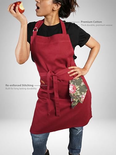 100% Cotton Kitchen Apron with 2 Pockets – Adjustable Chef Apron for Cooking Baking BBQ – Unisex Apron - color: Red
