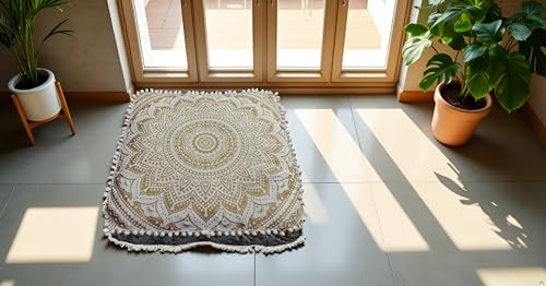 Gold Mandala Barmeri Large Floor Pillow Cover Cushion Meditation Seating Ottoman Throw Cover Hippie Decorative Zipped Bohemian Pouf Ottoman Poufs, Pom Pom Pillow Cases (White Gold, 24" Square) - color: White Gold, size: 24"D x 24"W x 24"H