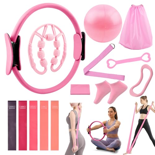 Pilates Essentials Kit for Women, 14 Pcs Pilates Equipment for Home Workouts with Yoga Circle Ball Ring, 5 Resistance Bands,Pedal Puller Resistance Band - color: Pink