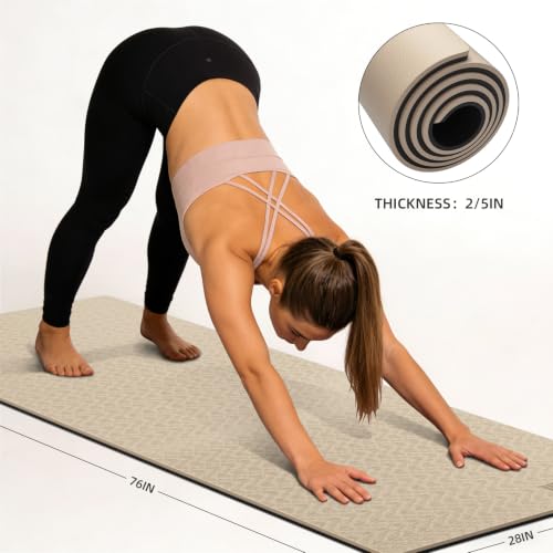 10mm0.4"TPE Yoga Mat Thick Wide Large for Home Workout Carrying Strap | Non Slip Exercise Mats Cushioned Joint-Friendly Stable,76"x28"Extra long Tapis Entrainement Au Sol Fitness,Pilates Gym Travel - color: beige