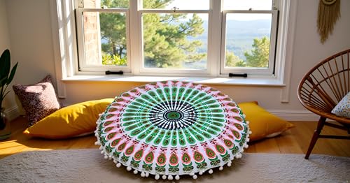 CRAFT KALA 22" Mandala Meditation Floor Pillows Cover Pouf Cover Round Seating Bohemian Mandala Cotton Floor Cushion Cover Outdoor Fireplace Seating Living Room Yoga Room Home Décor Green Red Floral - color: Green Red Floral