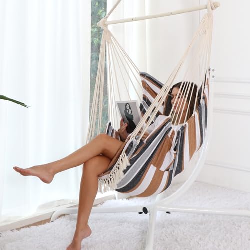 Chihee Hammock Chair Foot Rest 2 Cushions Max 485 lbs Metal Spreader Bar | Robust Hanging Chair Soft Cotton Blended Swing Collapsible Easy Storage Strong Strap Iron Carabiner Pocket Indoor Outdoor - color: Brown Stripes