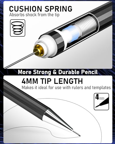 Nicpro 6 PCS Art Mechanical Pencil Set, Black Metal Drafting Pencil 0.3, 0.5, 0.7, 0.9 mm & 2PCS 2mm Graphite Lead Holder(4B 2B HB 2H) For Writing Sketching Drawing With 8 Lead Refills Eraser Case - color: Black