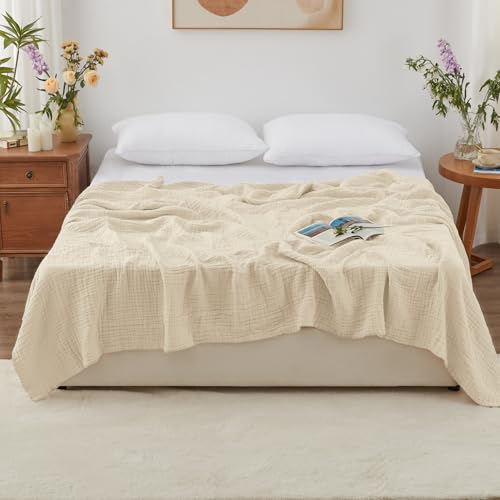 Love's cabin 100% Cotton Muslin Blanket, 6 Layer Lightweight Breathable Gauze King Size Blanket 108 x 90 Inches, Soft Summer Blanket for Bed, Beige - color: Beige, size: King(108"x90")