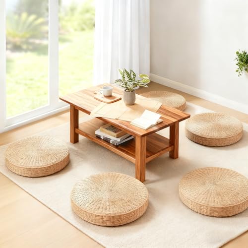 Straw Cushion Floor Pillow Japanese Style Handcrafted Tatami Floor Cushion Mat Natural Woven Grass Seat Cushions Round Padded Room Floor Straw Mat for Home 45cm - size: 44*44*5cm