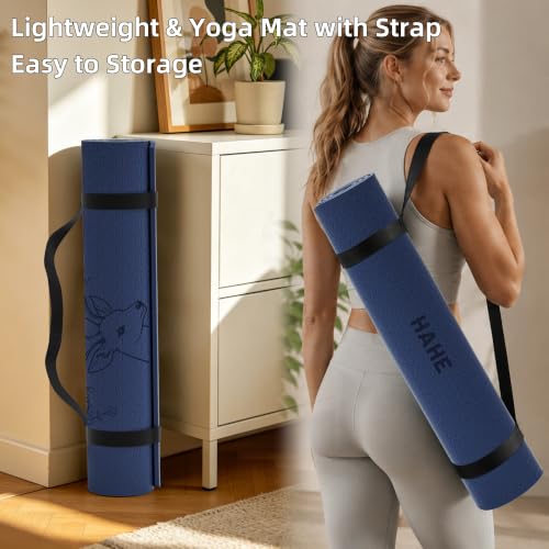 HAHE Extra Wide Yoga Mat, 75"x 32" POE Deer Print Exercise & Fitness Mat | 8mm Thick Large Yoga Mats for Men & Women, Pilates Mat for Home Workout, Non Slip Exercise Mats with Carry Strap - color: Sea blue