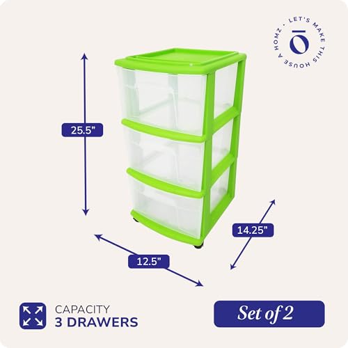 HOMZ Drawer Tower, 3-Tier Storage Cart with Removable Wheels, Lime, 2 Pack | Plastic Organizer with Clear Bin Drawers for Bedrooms, Bathrooms, Home Offices, and Dorm Rooms - color: Bold Lime, size: 2 Pack